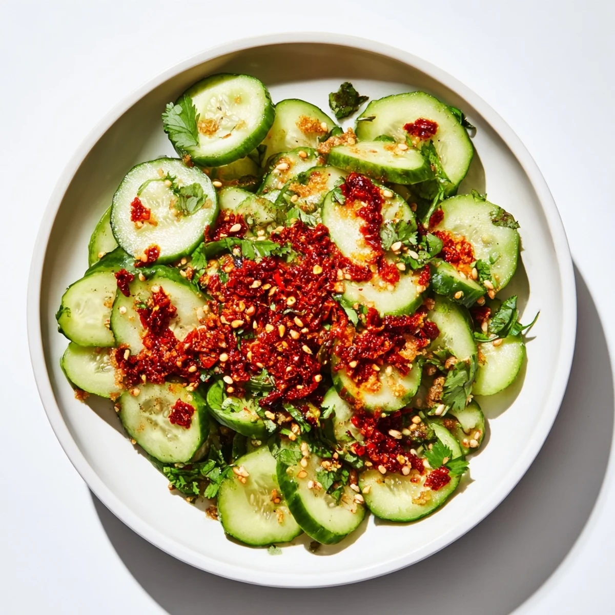 Crisp, chilled Cucumber Shaker Salad with chili crisp offers a flavorful, vibrant side dish.