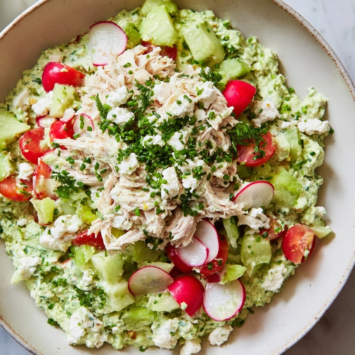 A creamy, vibrant Green Goddess Chicken Nacho Dip, garnished with fresh herbs and served with chips.