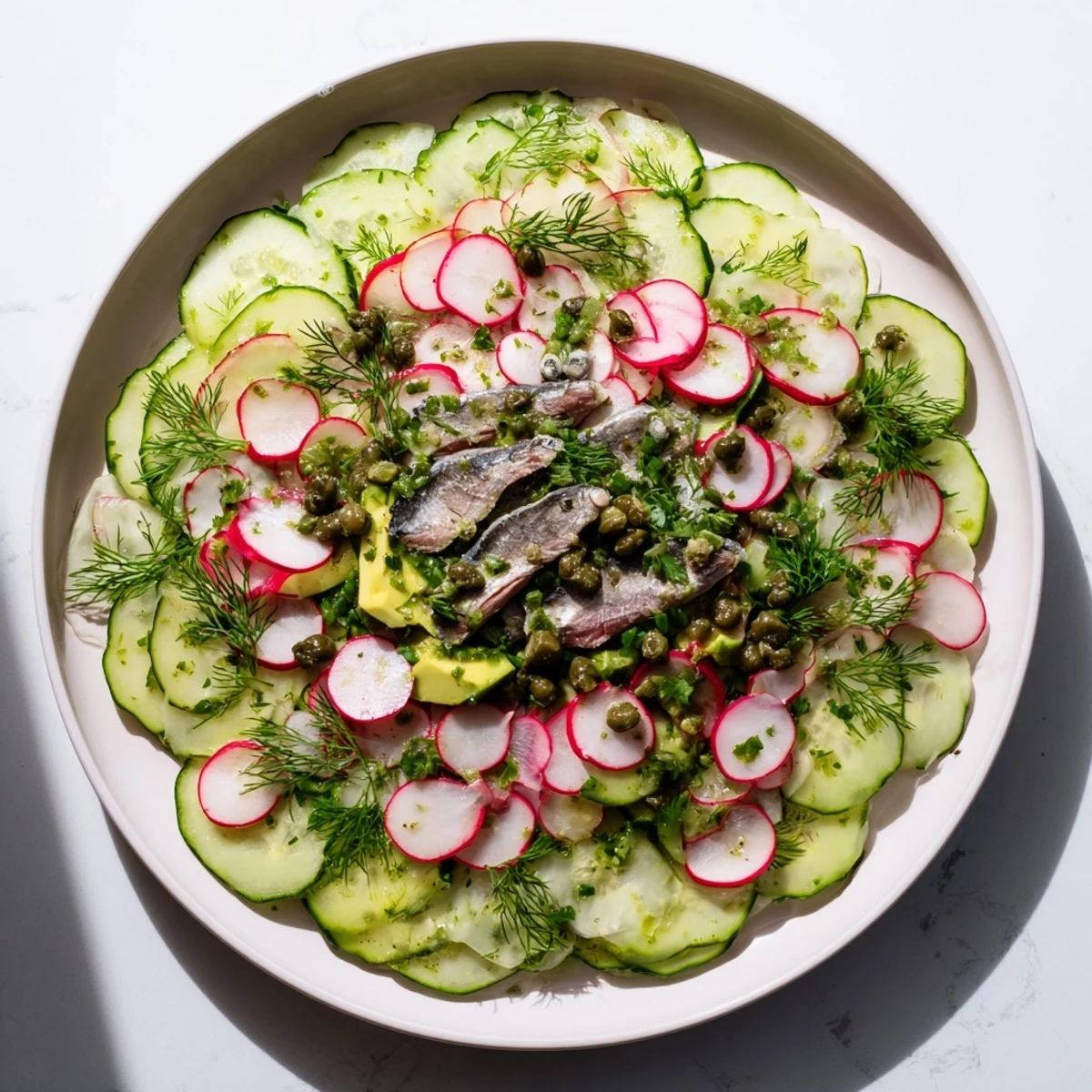 Cucumber and Tinned Fish Date Night Salad: a refreshing and colorful salad layered with creamy avocado and sardines.