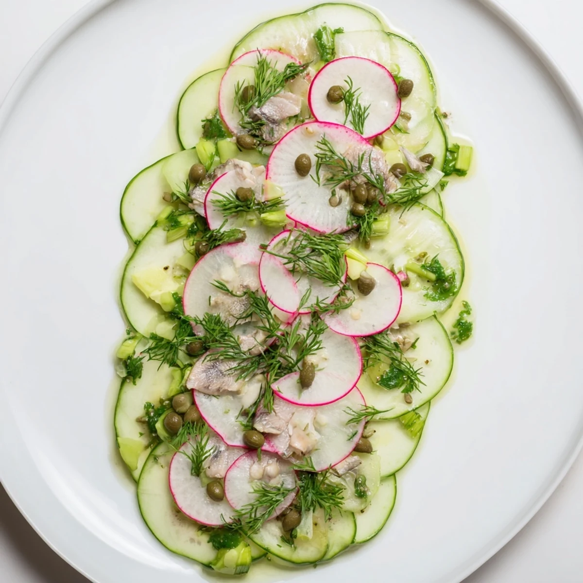 Sardines top the Cucumber and Tinned Fish Date Night Salad, a light salad drizzled with a tangy vinaigrette.