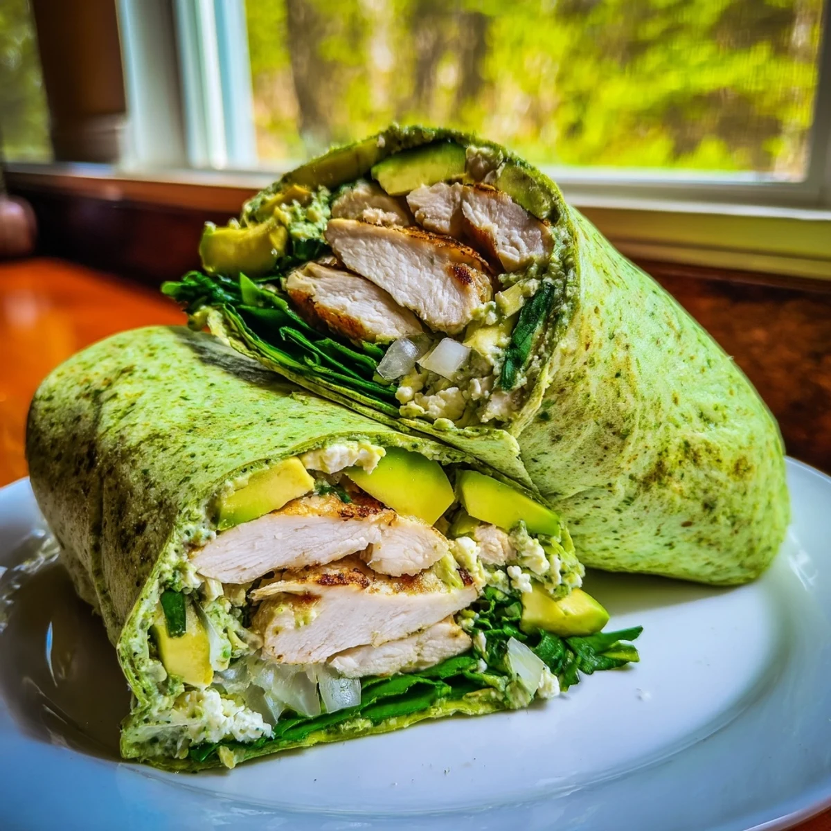 A fresh Green Goddess Wellness Wrap displays colorful vegetables and juicy chicken, ready to eat.