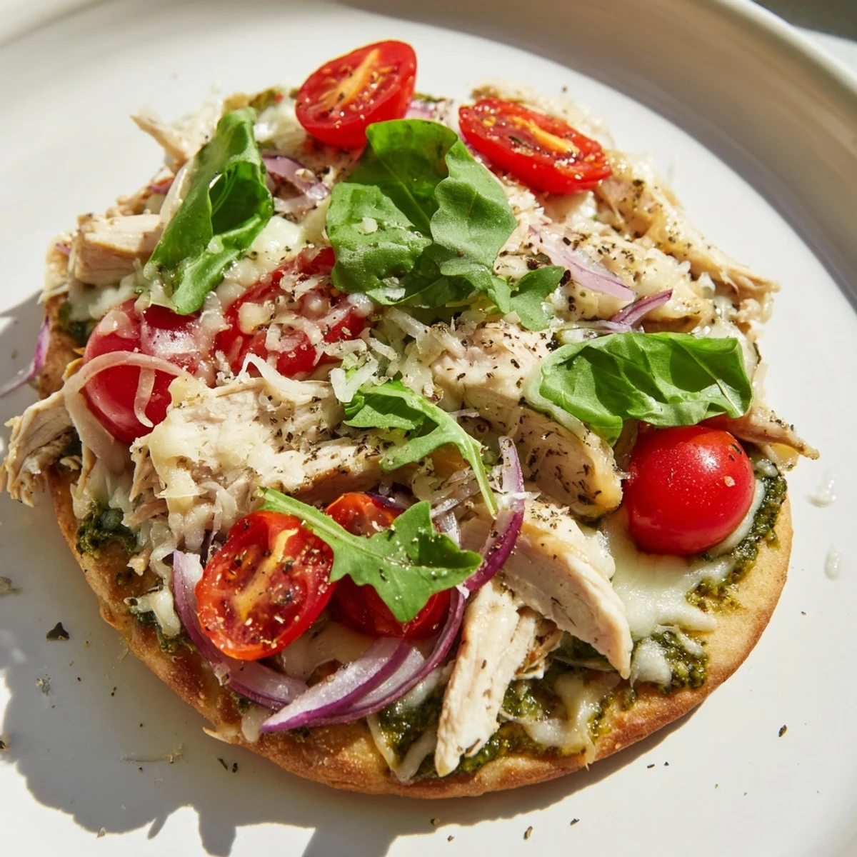Imagine biting into this flavorful pesto chicken flatbread, fresh basil, and perfect flatbread crust.