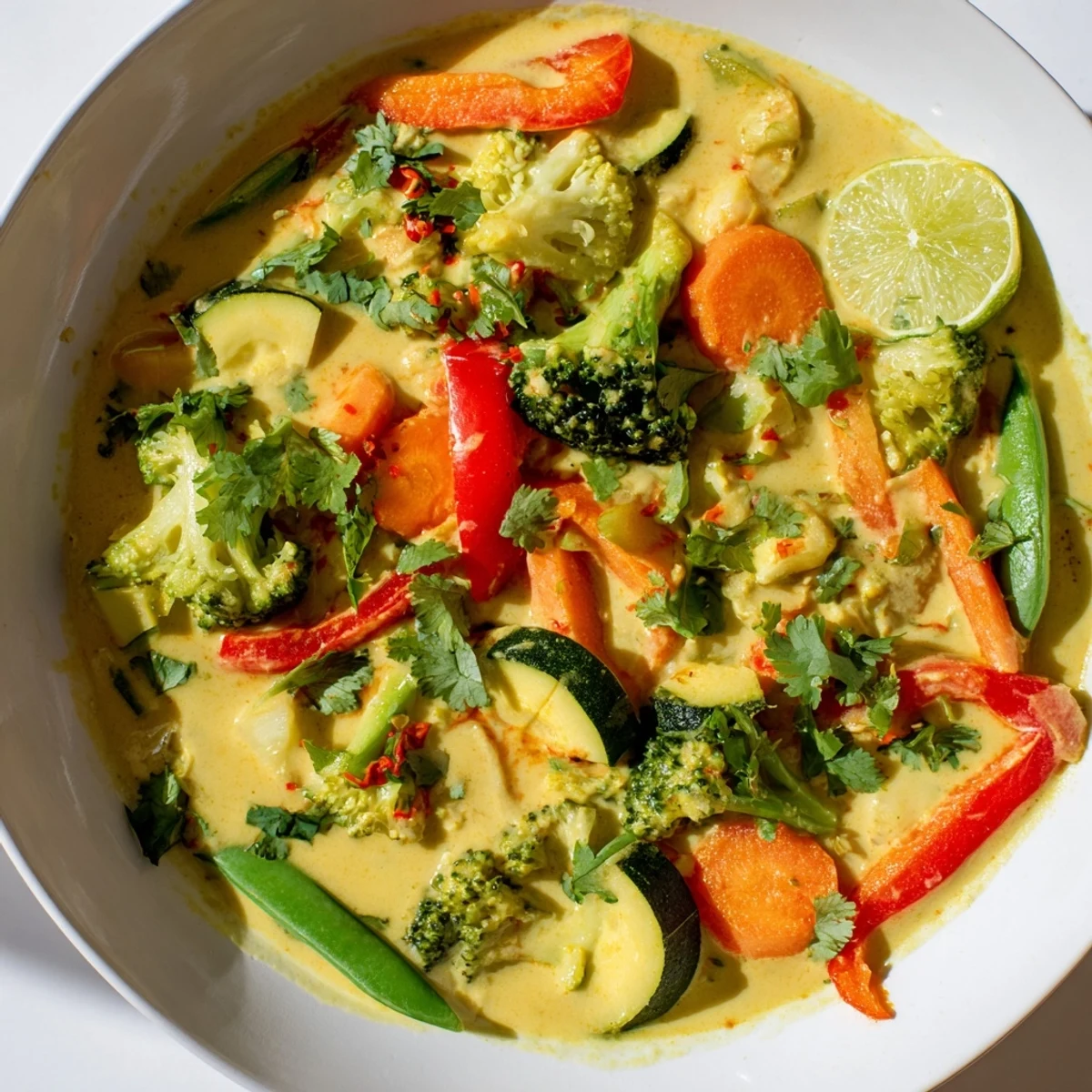 Steaming Coconut Curry Vegetables with vibrant colors, served hot and garnished with fresh cilantro and lime.