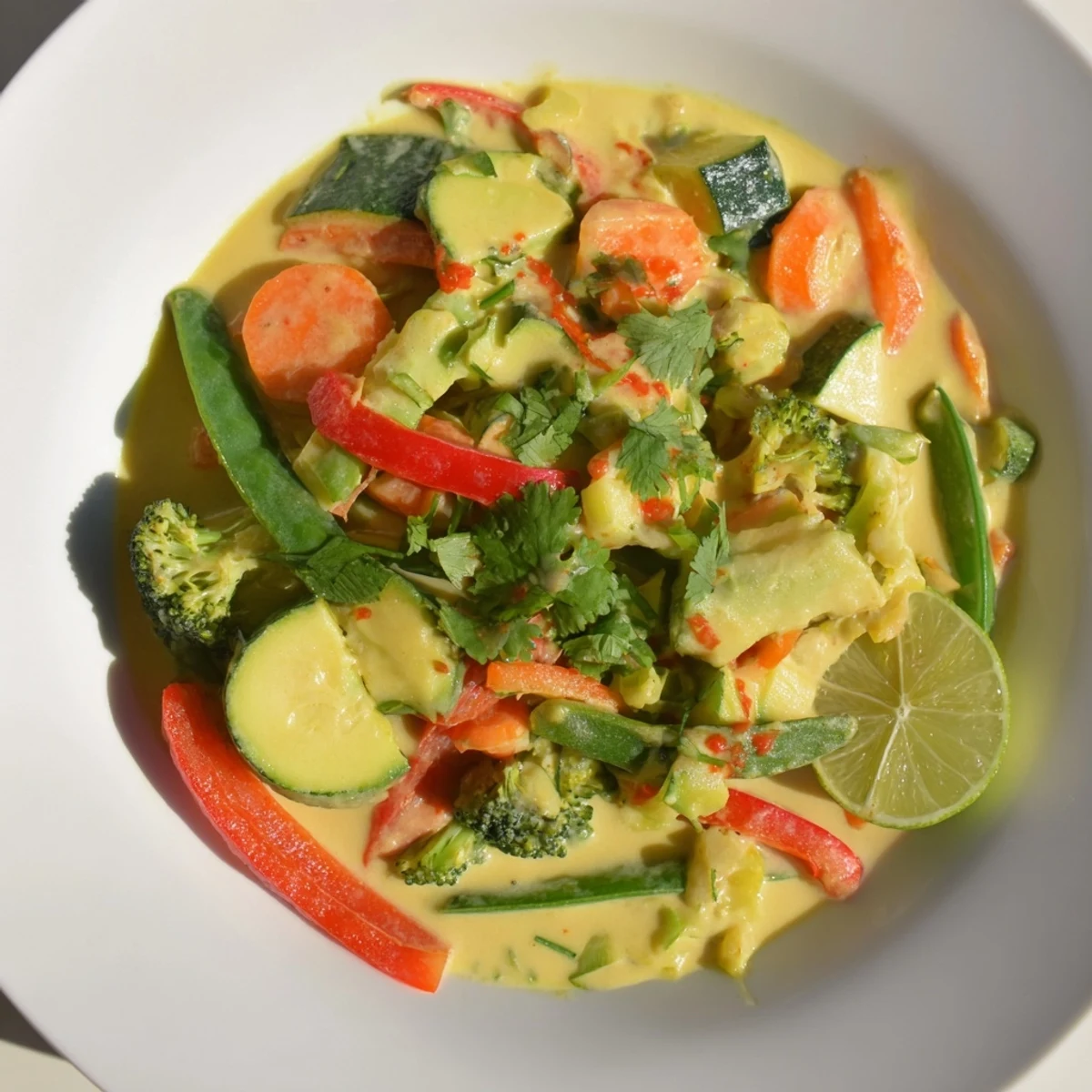 Aromatic Coconut Curry Vegetables simmering in a creamy coconut milk broth, ready for a delicious meal.