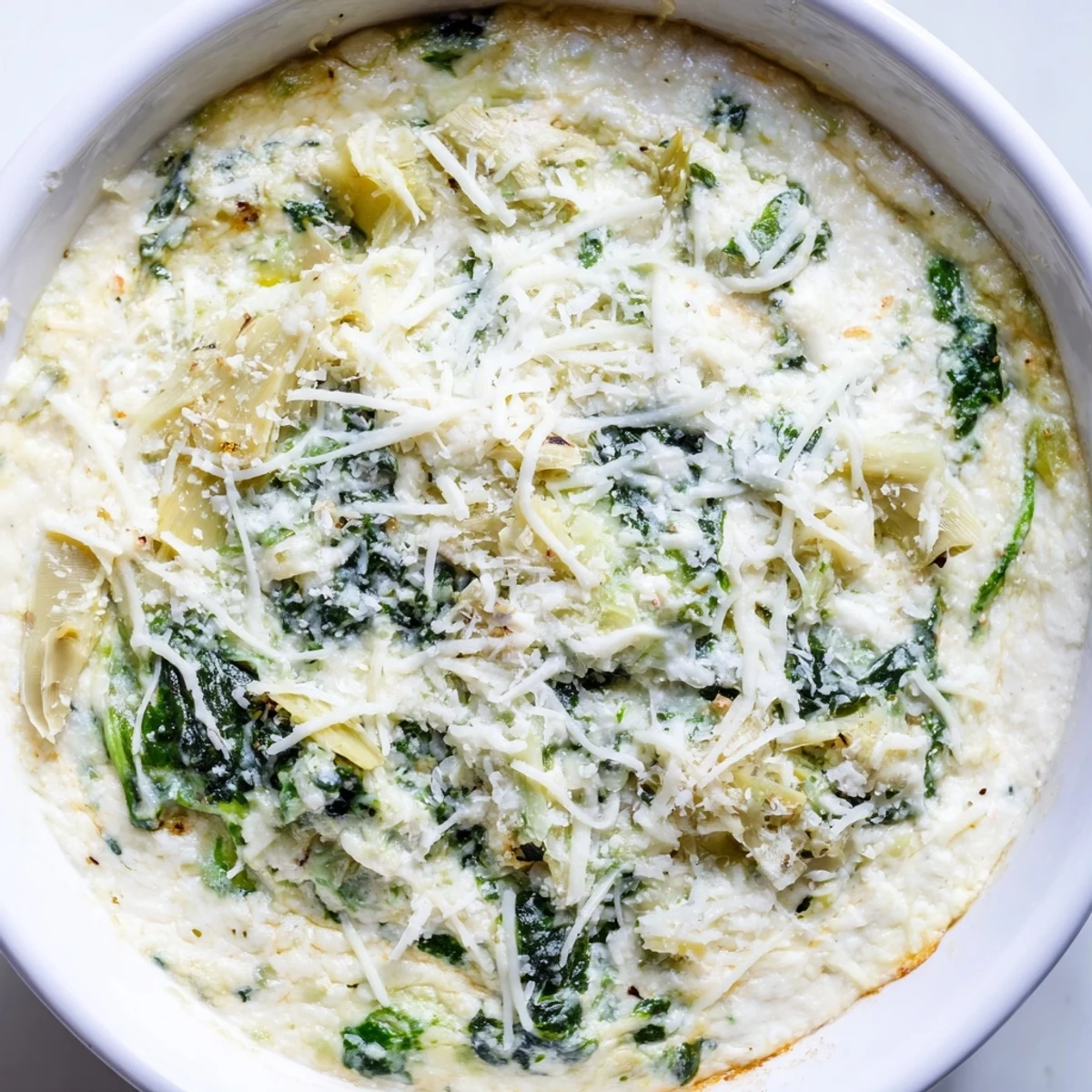 A close-up of a golden-brown Cheesy Spinach Artichoke Dip, inviting you to enjoy its creamy texture.