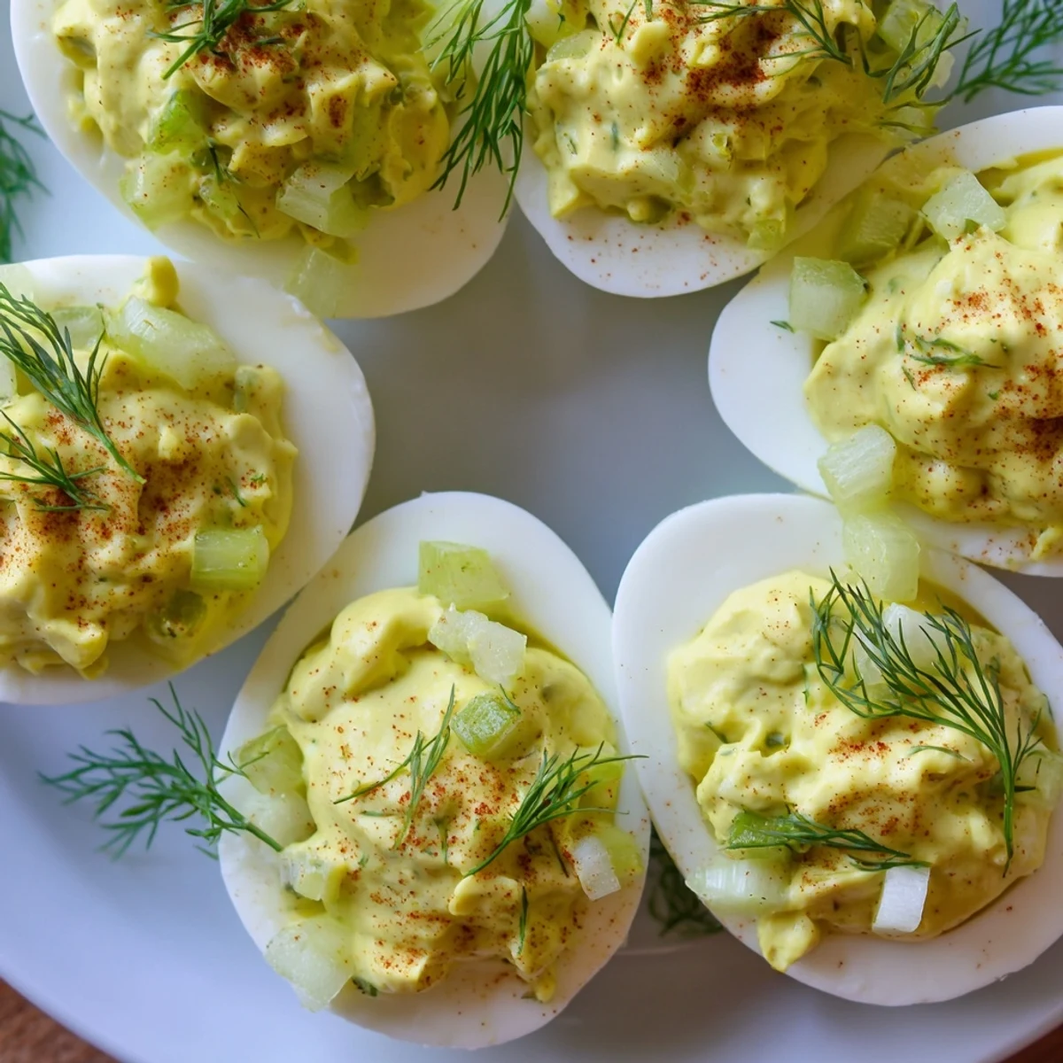 Creamy Dill Pickle Deviled Eggs garnished with fresh dill, ready to serve as a tasty appetizer.