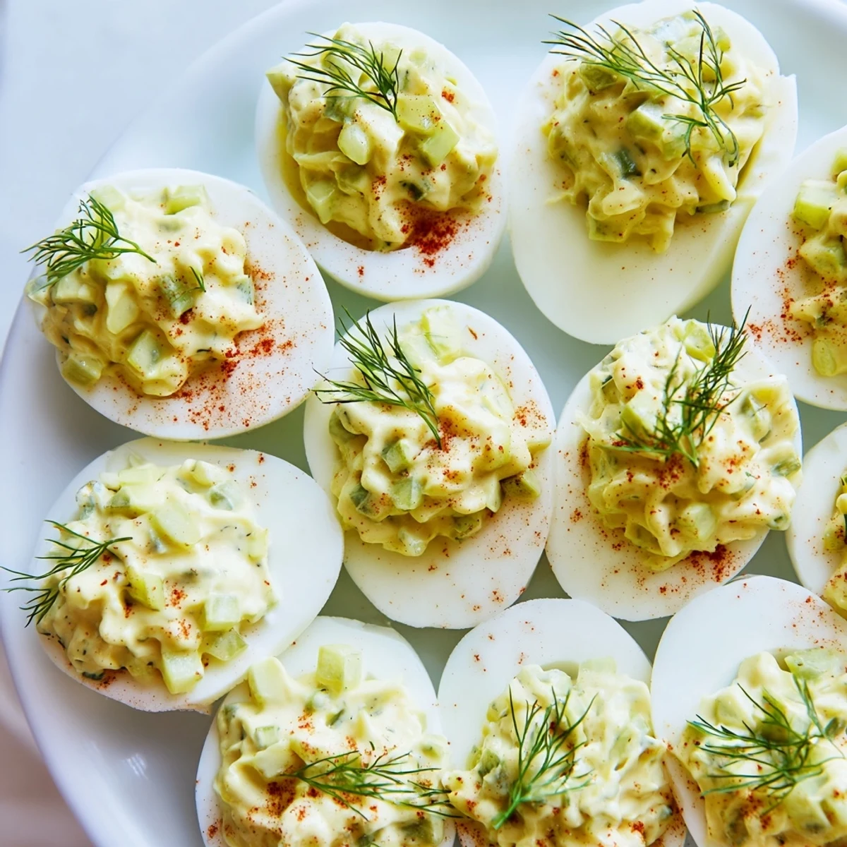 Tangy Dill Pickle Deviled Eggs, perfect for a picnic, with a sprinkle of paprika for a smoky flavor.