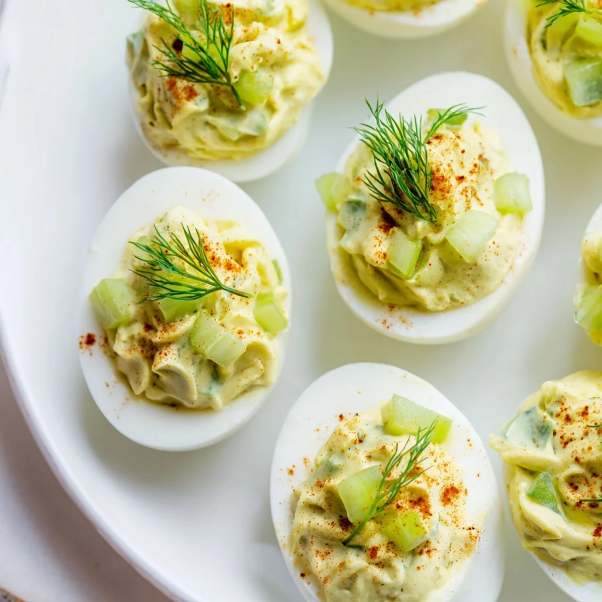 A close-up of delicious Dill Pickle Deviled Eggs, showing the vibrant yellow filling and pickles on top.