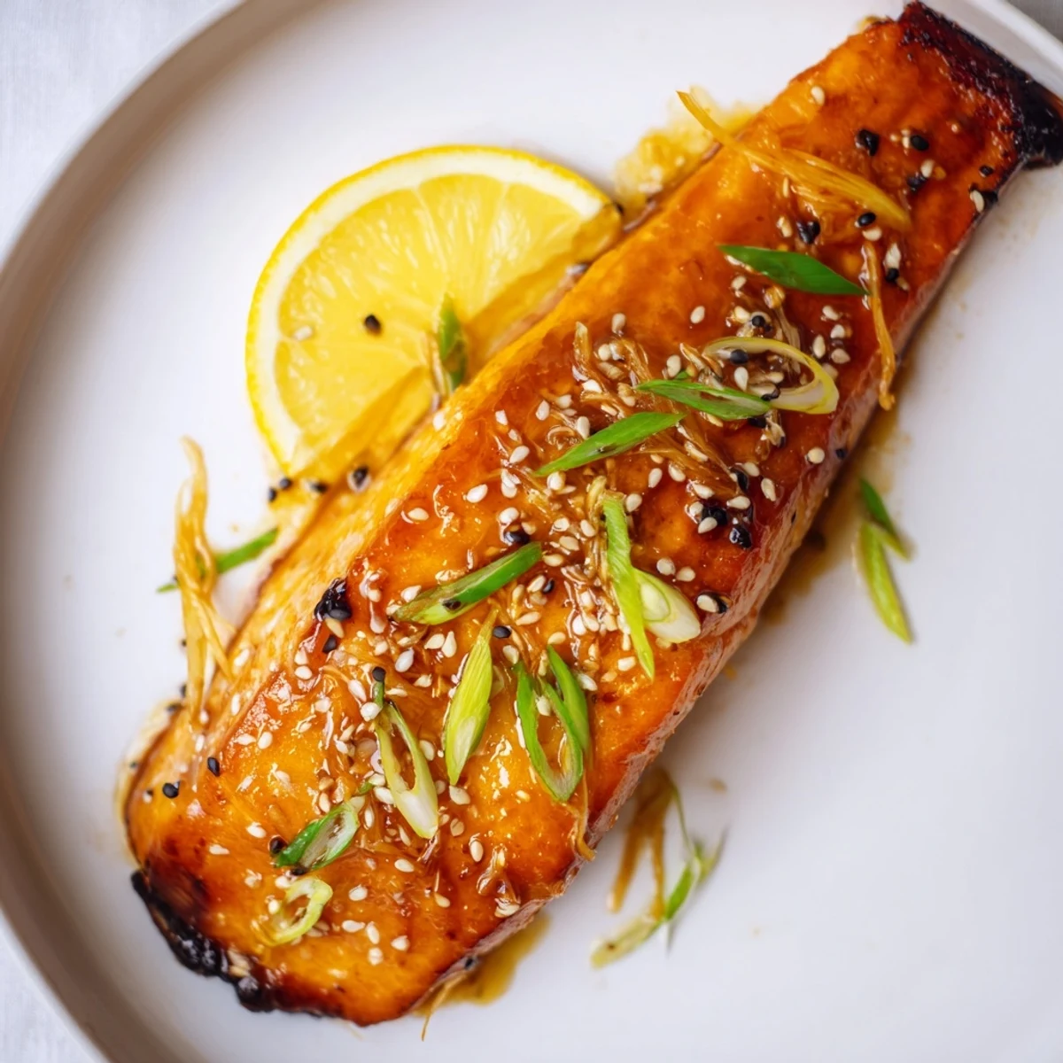 Golden-brown Ginger Soy Glazed Salmon glistening with a sweet, savory sauce, ready to serve.