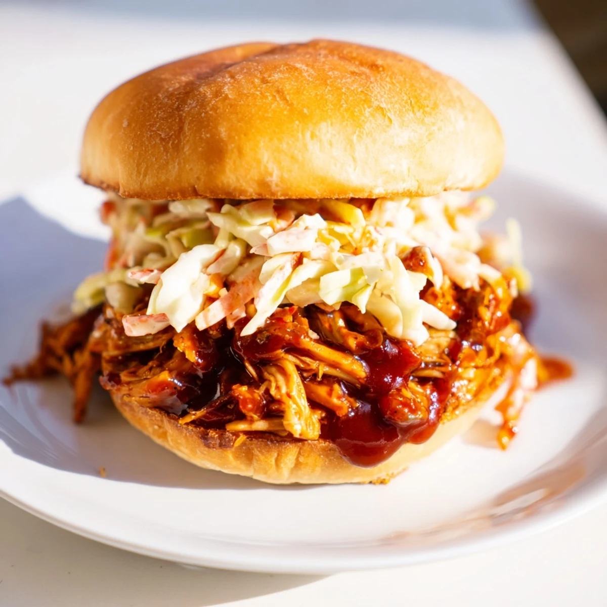 Warm, appetizing photo of fully loaded BBQ jackfruit sliders on toasted buns, perfect for a cookout.