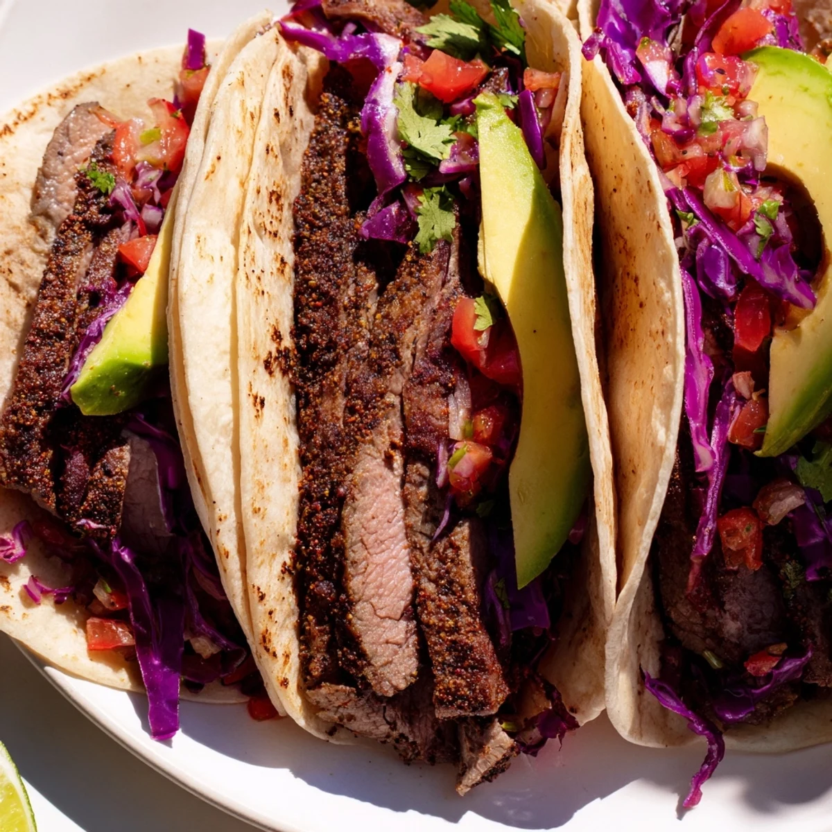 Grilled Coffee-Rubbed Steak Tacos, a close-up of fully loaded tacos with fresh cilantro and avocado.
