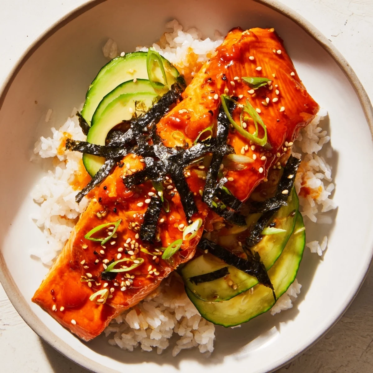 Emily Mariko-inspired gochujang salmon bowl: tender, glazed salmon over rice with vibrant toppings, a delicious meal.