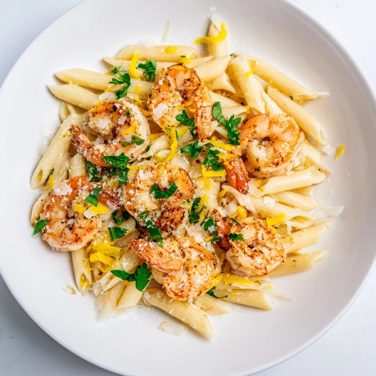 Golden shrimp and penne pasta swimming in garlic butter, a delicious serving of Garlic Shrimp Penne.