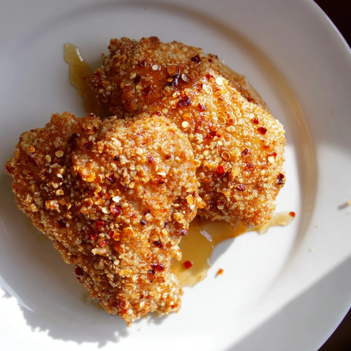 Golden, crispy Hot Honey Crispy Chicken Thighs, drizzled with sweet and spicy hot honey sauce.