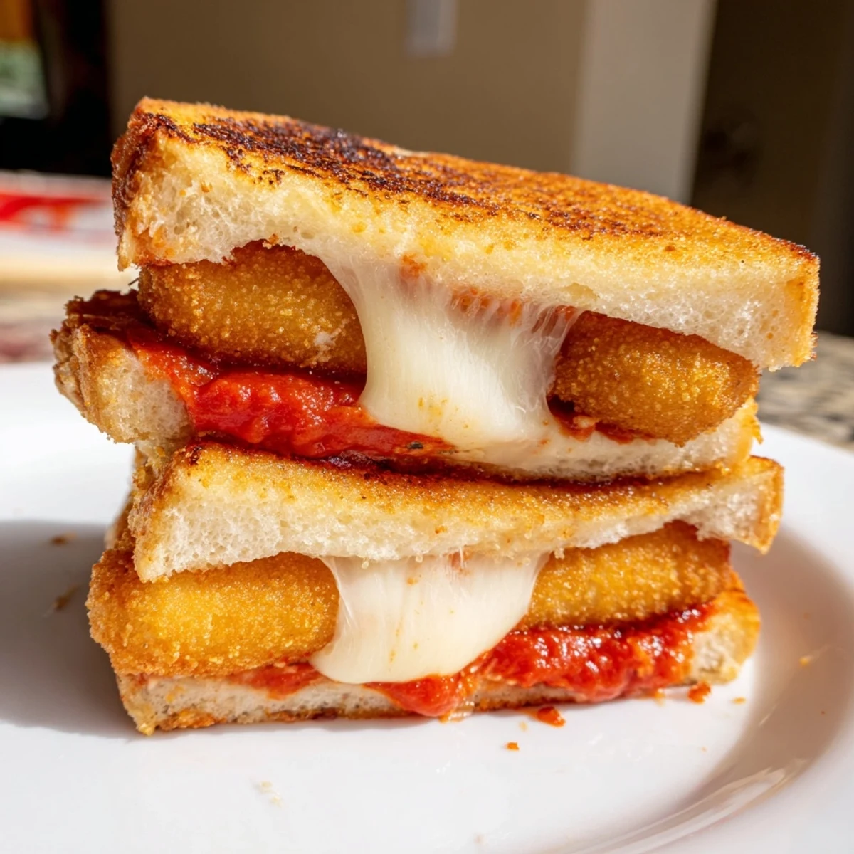 Mozzarella stick grilled cheese sandwich, oozing with melted cheese and ready to dip in marinara sauce.