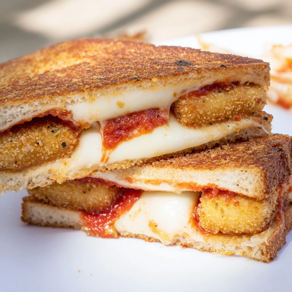Golden brown crusty bread encases a warm and cheesy mozzarella stick grilled cheese for lunch.