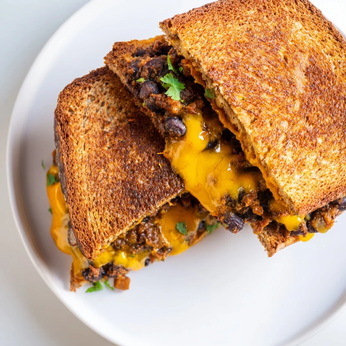 Golden-brown Black Bean Grilled Cheese, oozing with melted cheese and served hot on a plate.
