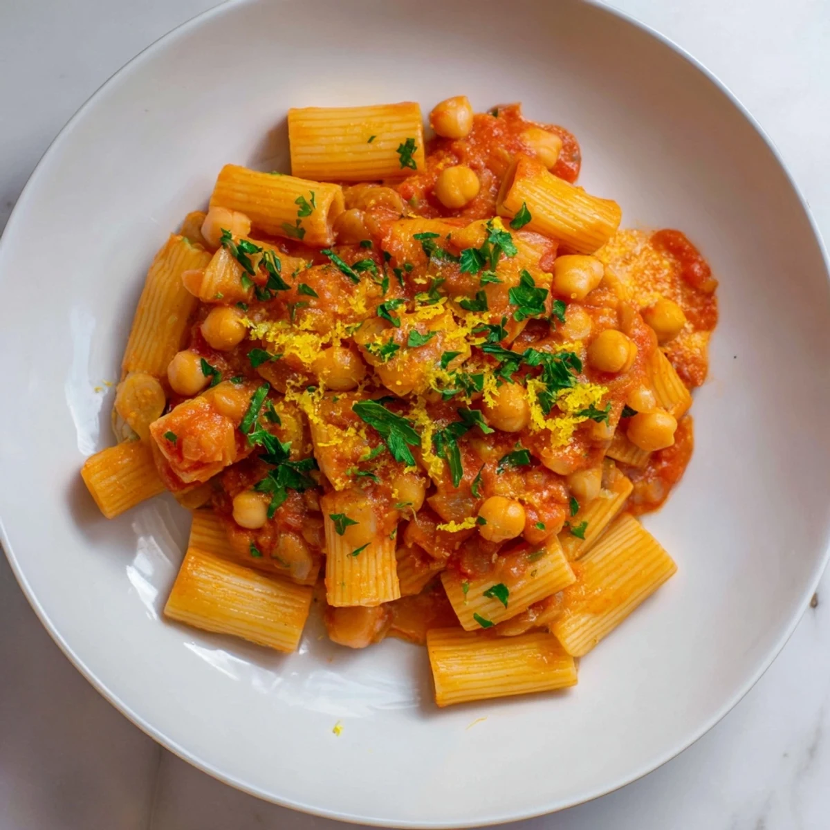 Steaming bowl of harissa chickpea pasta, vibrant and spicy, garnished with fresh herbs and lemon.
