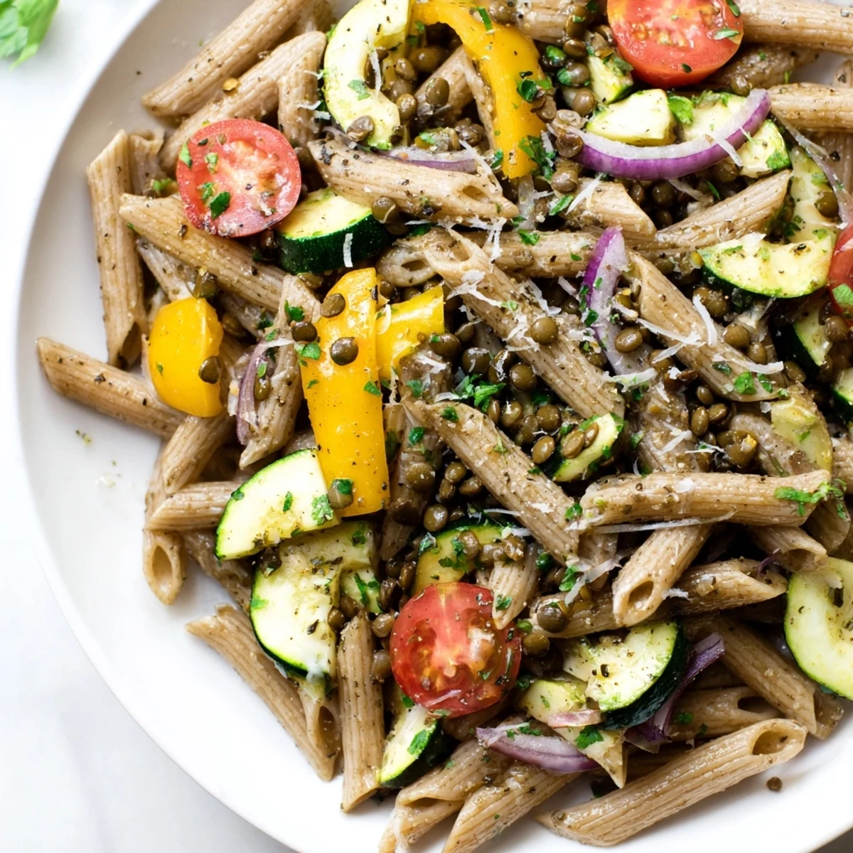 Tender pasta tossed with lentils and roasted vegetables, this comforting lentil pasta is bursting with flavor.