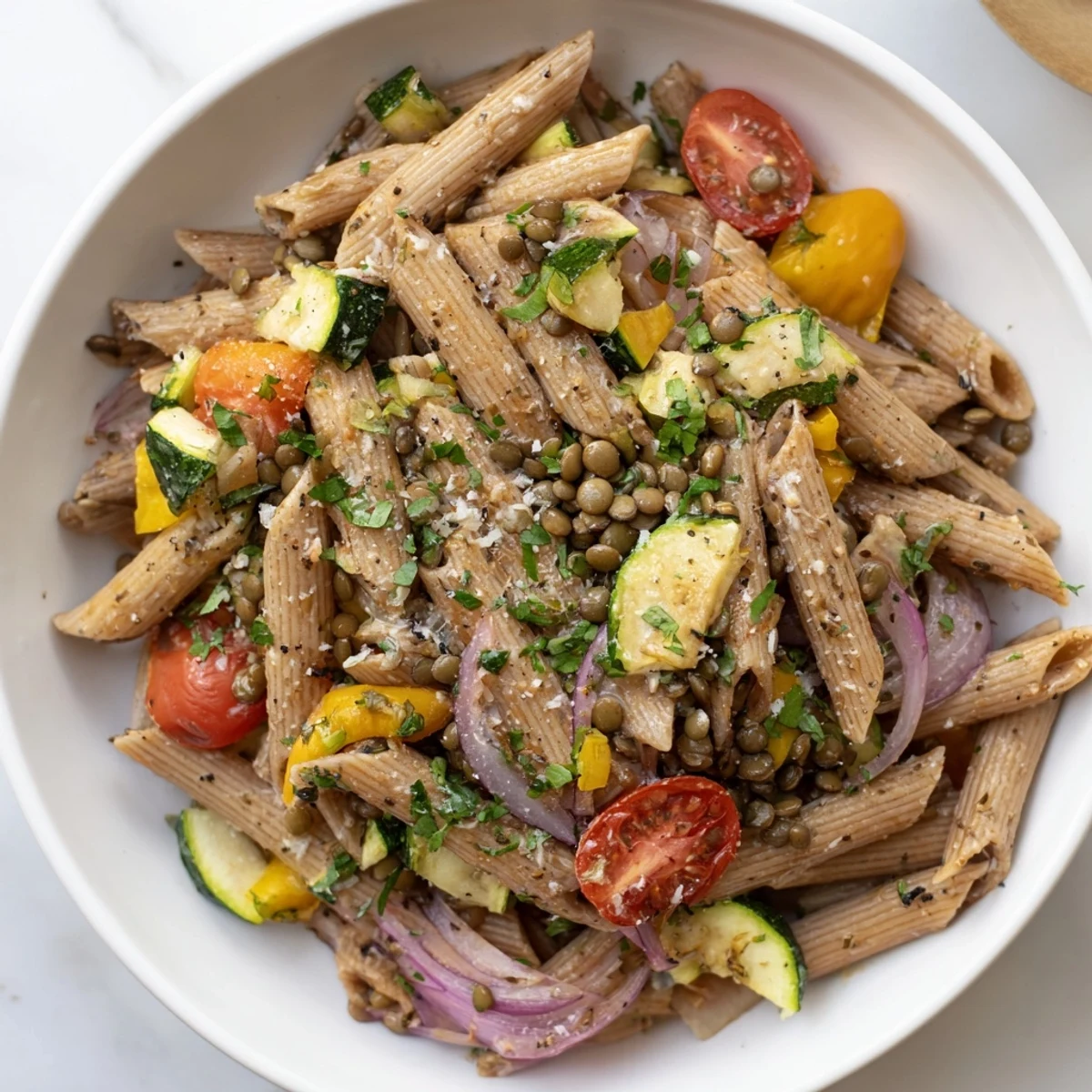 Warm and flavorful lentil pasta featuring vibrant roasted vegetables and soft lentils, ready to serve.