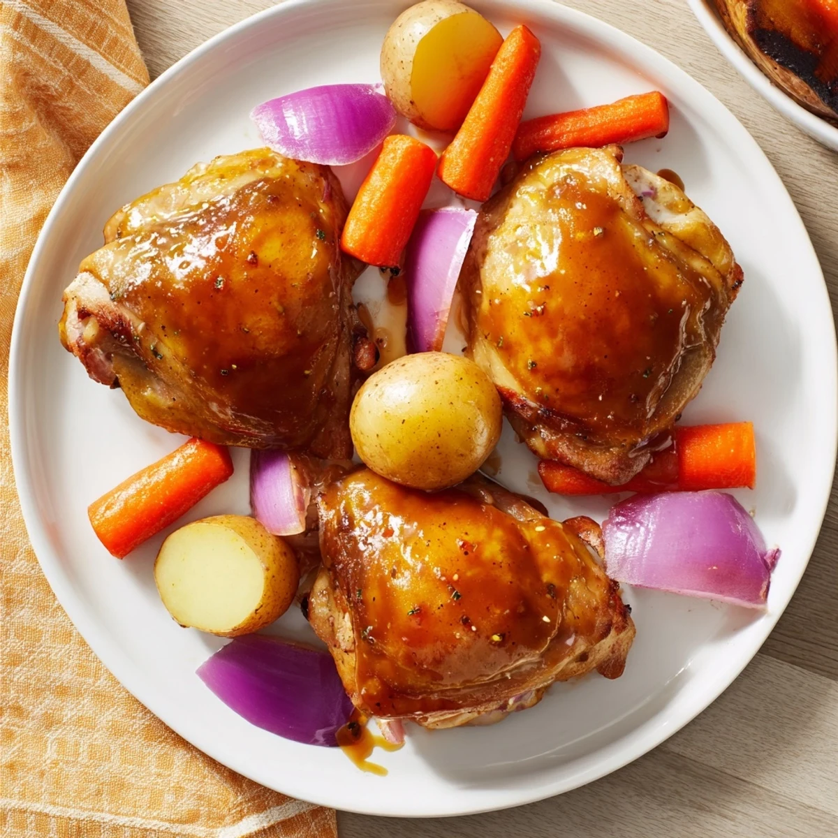 Golden, caramelized Maple Dijon Chicken Thighs glistening with a sweet, savory glaze, surrounded by roasted vegetables.