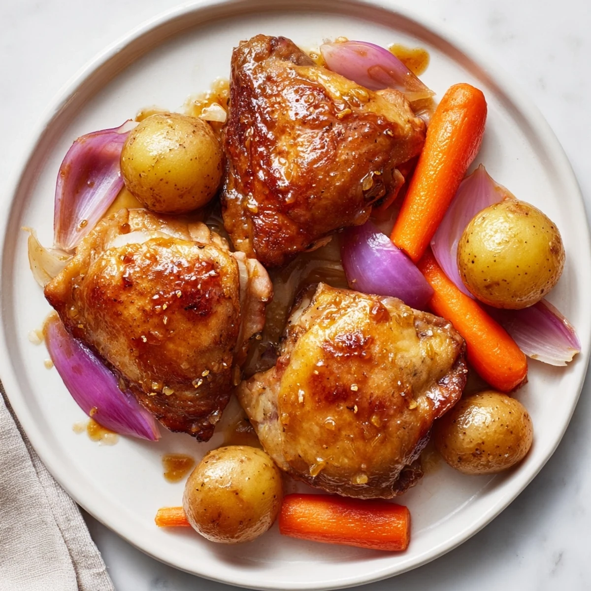 Sheet pan dinner of flavorful Maple Dijon Chicken Thighs, perfectly roasted, juicy, and ready to enjoy with family.