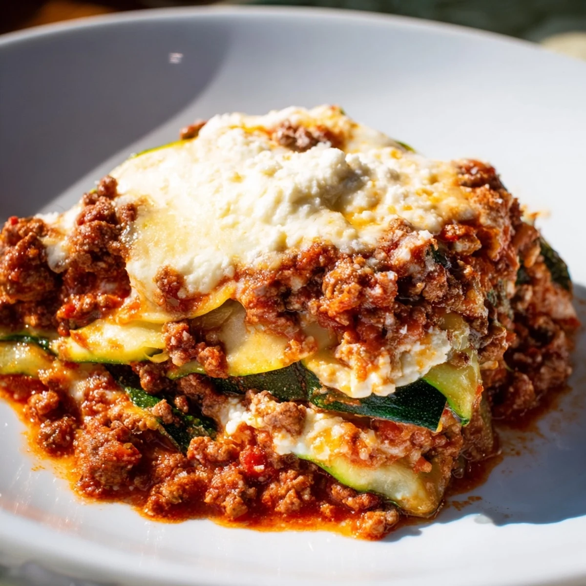 Bubbling melted cheese tops this savory zucchini lasagna skillet, a comforting low-carb Italian dinner.