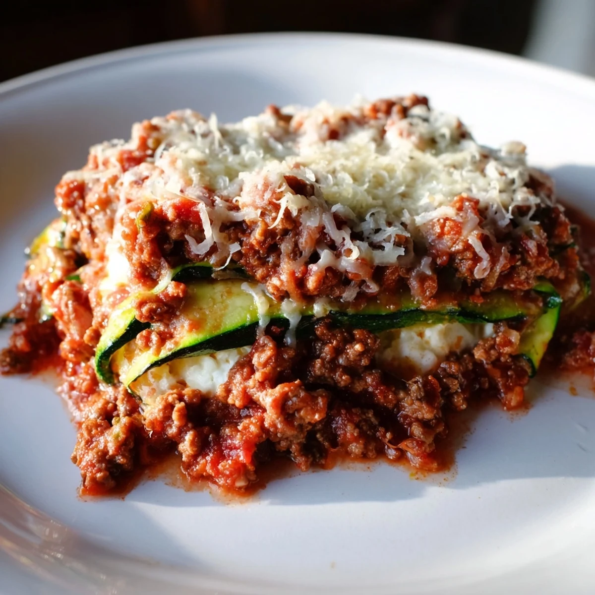 This zucchini lasagna skillet features layers of tender zucchini, flavorful ground beef, and creamy ricotta cheese.