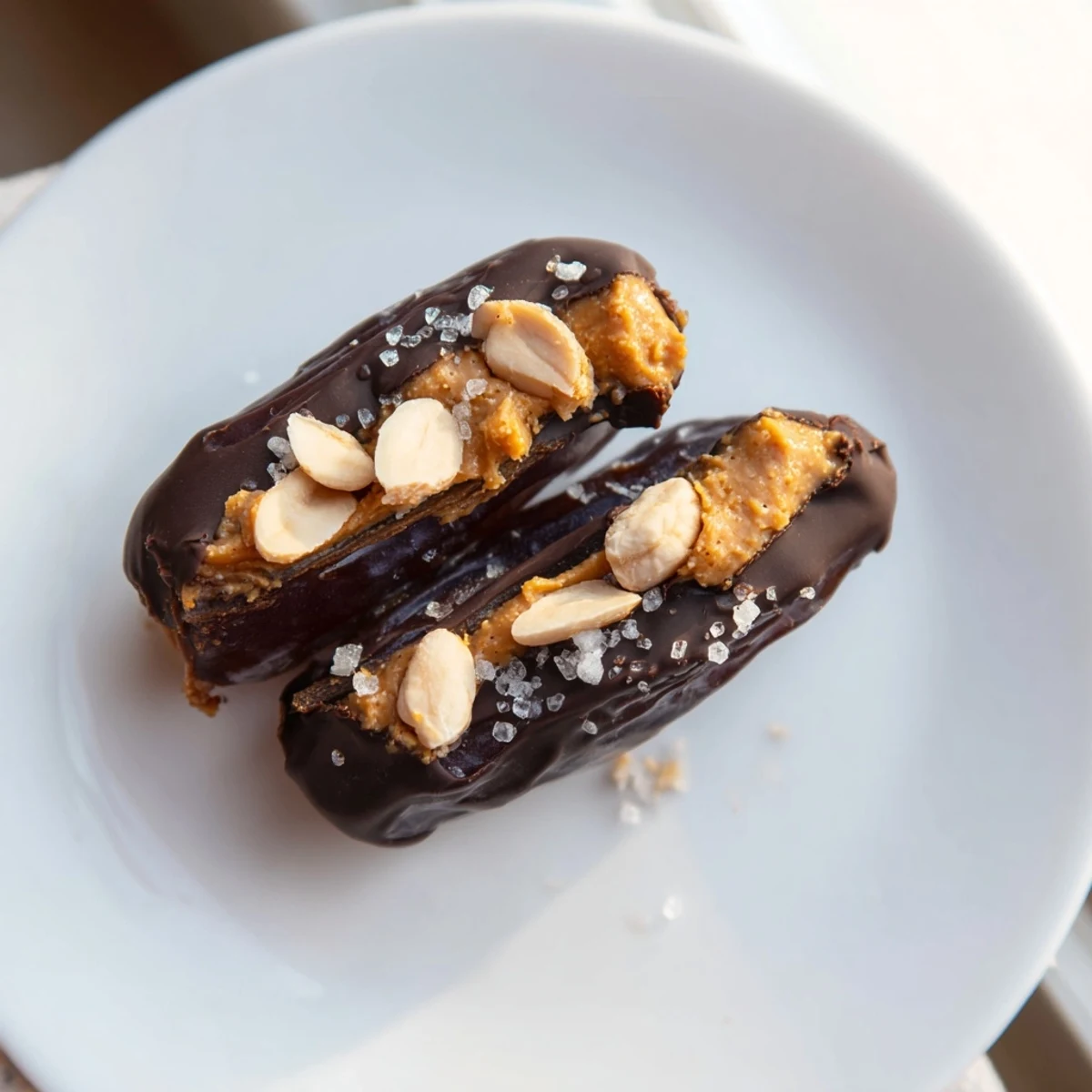 Chocolate Date Snickers coated in dark chocolate with a sprinkle of sea salt look decadent.