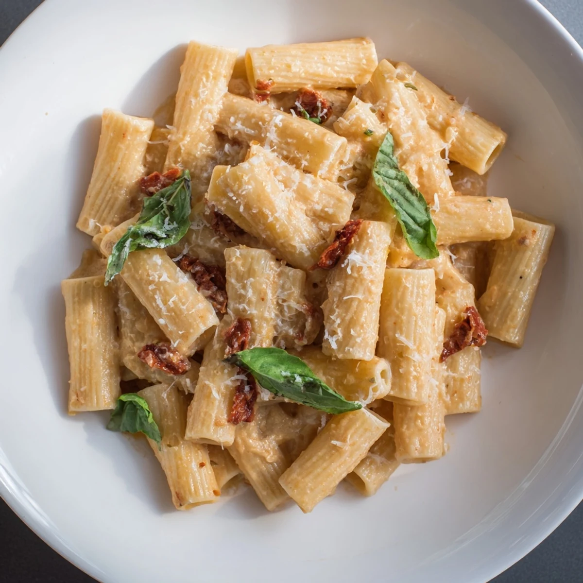Enjoy a steaming bowl of creamy sun-dried tomato pasta, a savory Italian-American comfort food.