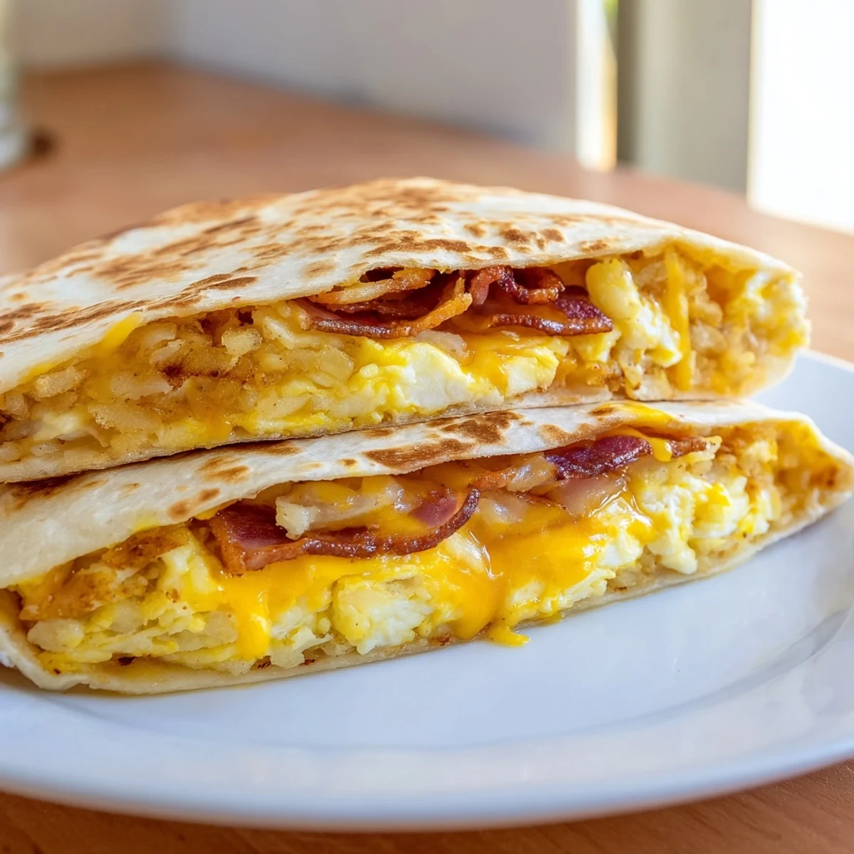 Golden-brown Breakfast Crunchwrap Hack with melted cheese, crispy hash browns, and sizzling, folded edges.