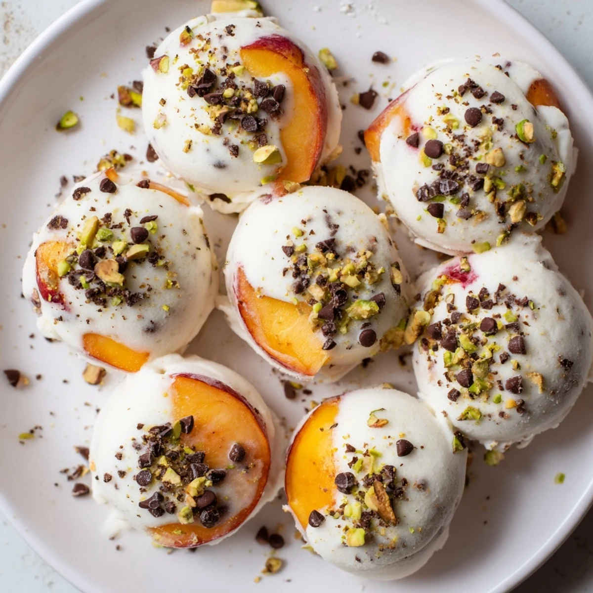 Frozen peach yogurt bites, a frozen treat showcasing white yogurt with vibrant peach pieces scattered.