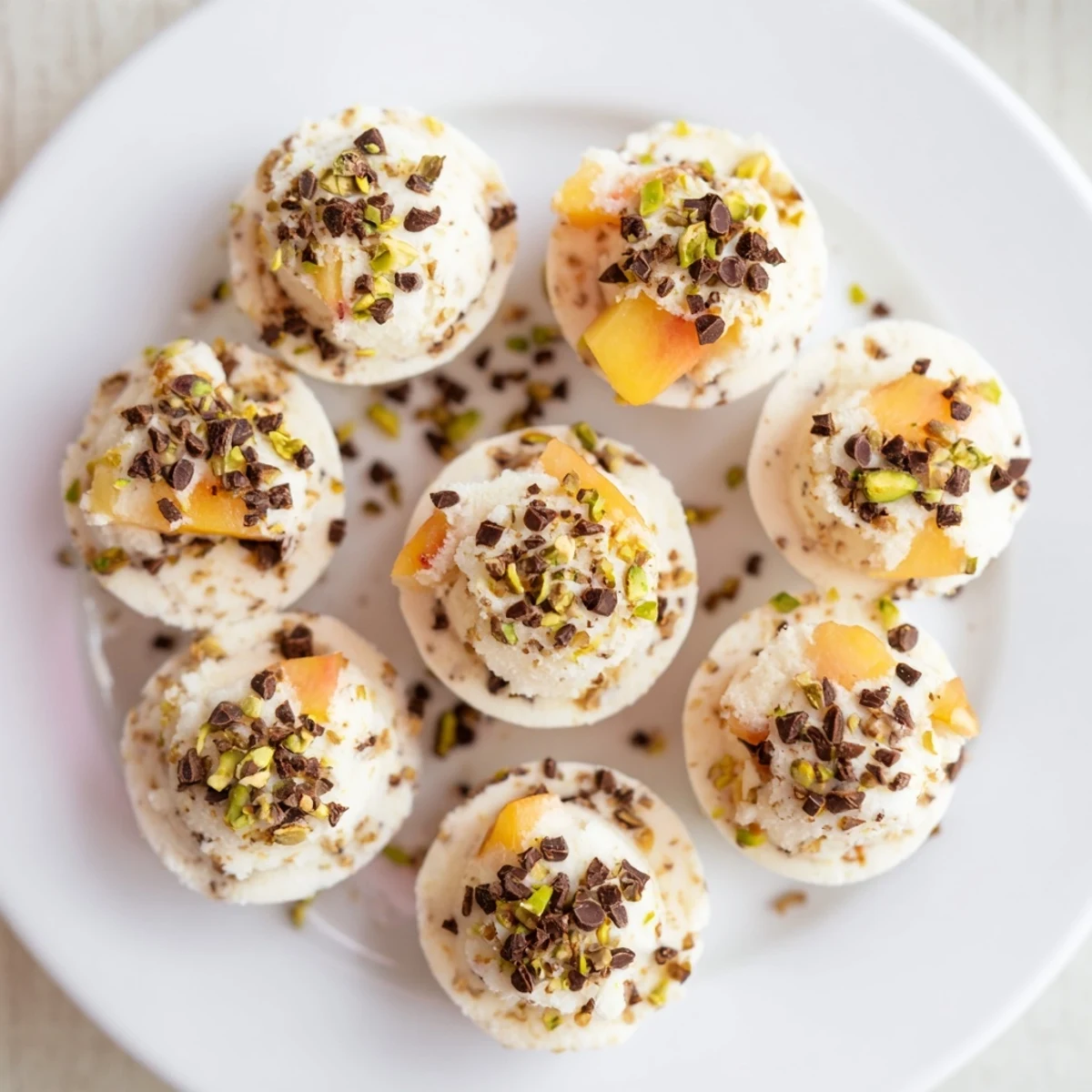 Sweet, creamy frozen peach yogurt bites, ready to enjoy as a refreshing and simple dessert today.