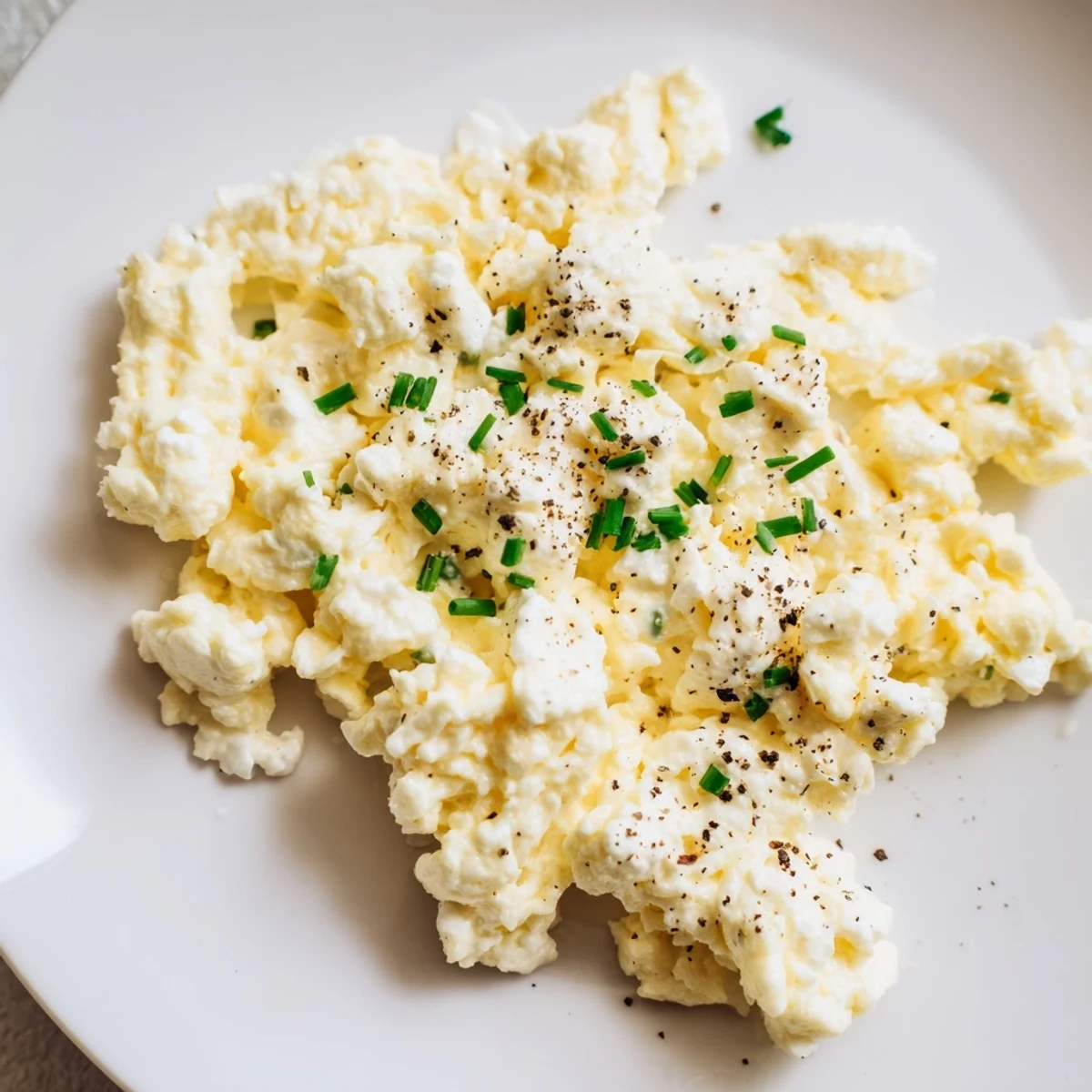 A close-up of perfectly cooked cottage cheese scrambled eggs, sprinkled with fresh chives, a flavorful start.