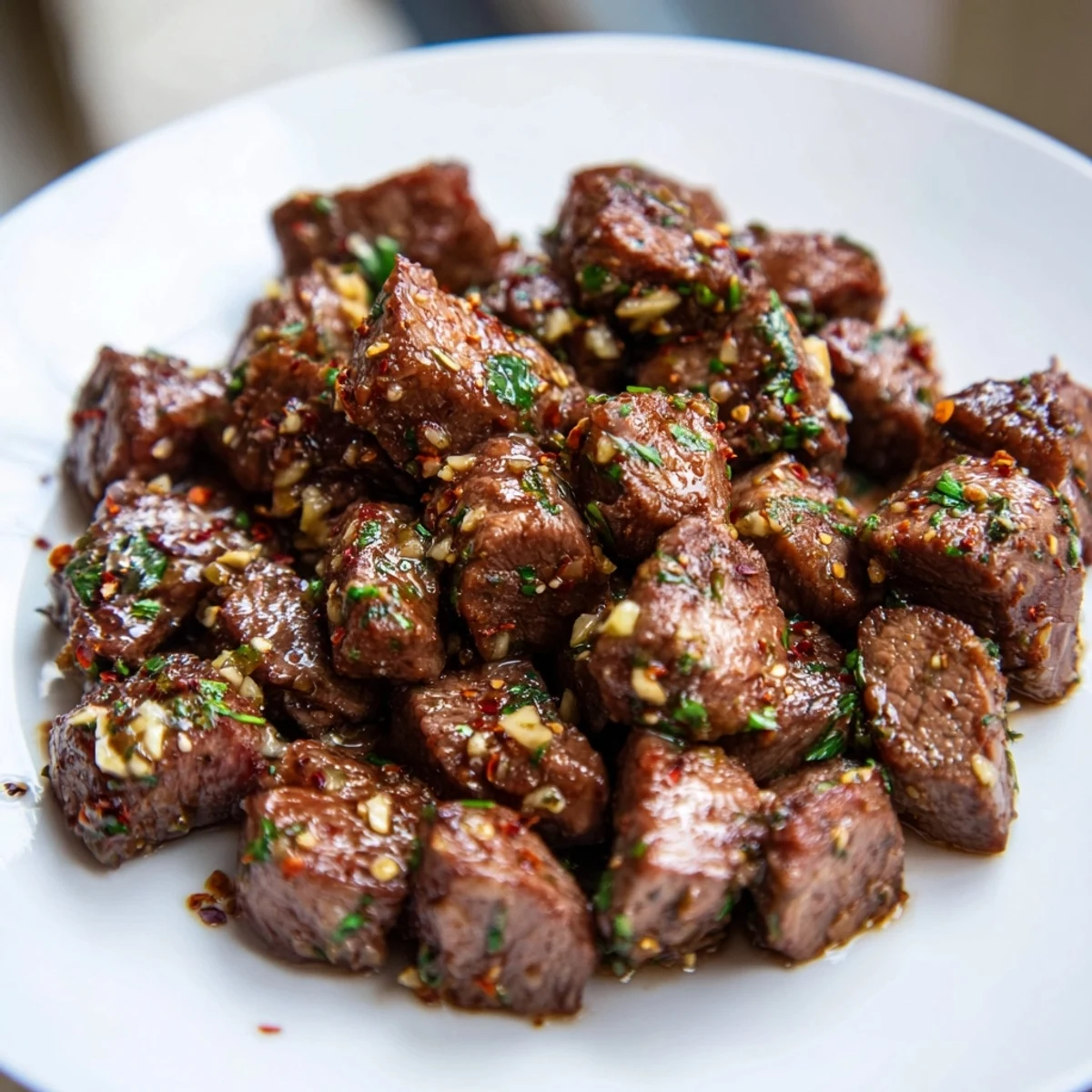 Enjoy a plate of luscious Garlic Butter Steak Bites, ready to enjoy with crusty bread.