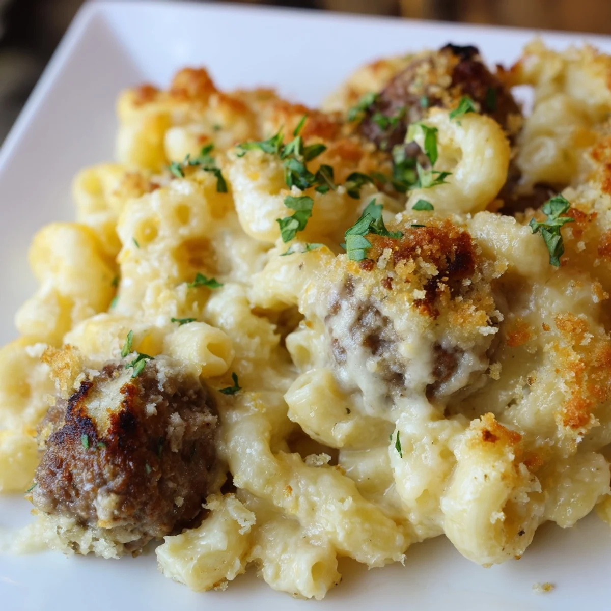 Golden, bubbly Mac & Cheese Meatball Bake, with savory meatballs and a creamy cheese sauce.