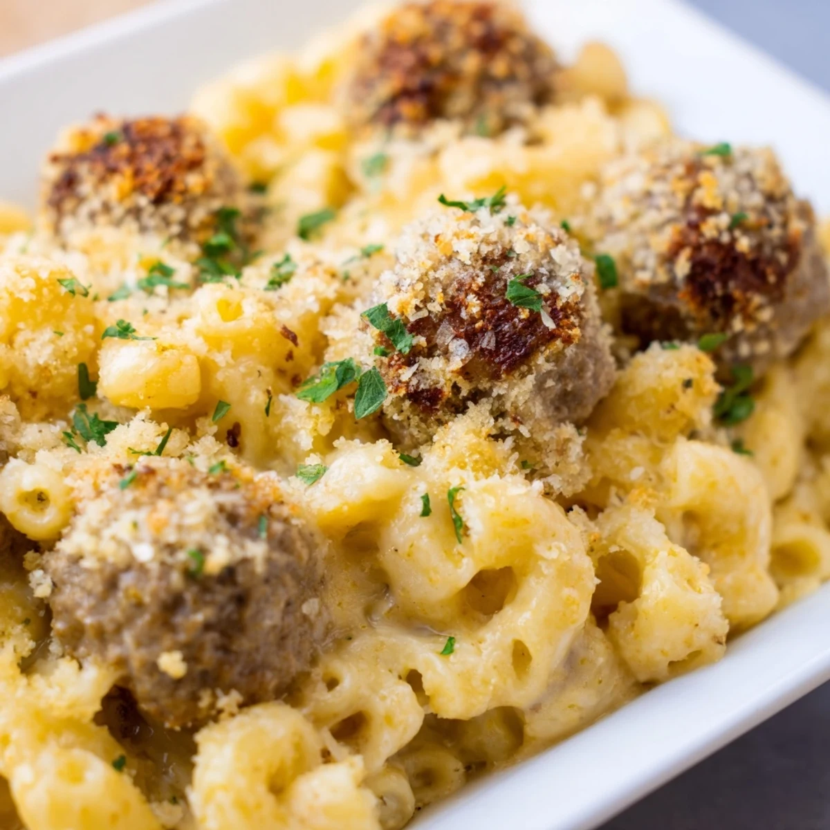 This family-favorite Mac & Cheese Meatball Bake features tender meatballs nestled in cheesy goodness.