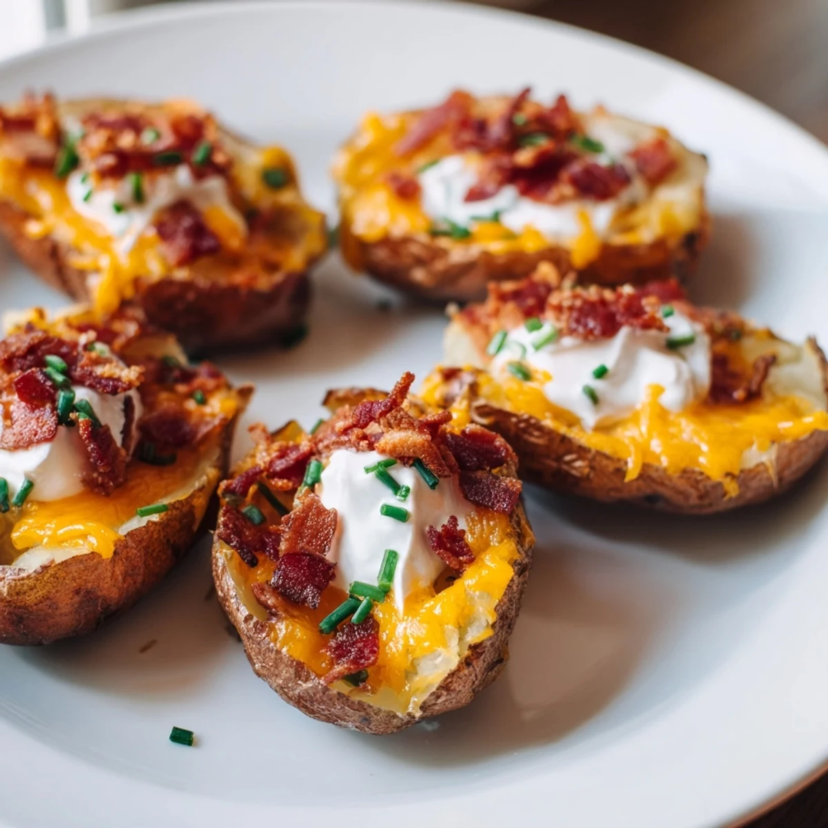 Perfectly baked Loaded Baked Potato Skins topped with sour cream and chives, ready to eat and enjoy.