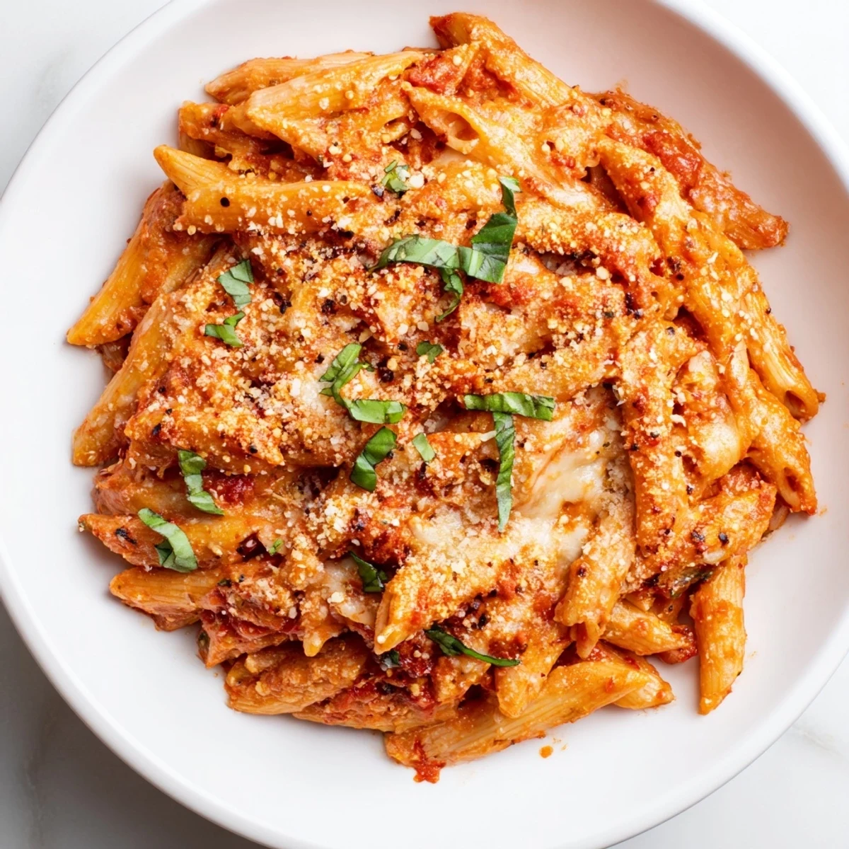 Golden, bubbling Baked Penne Arrabbiata, a vegetarian Italian pasta bake with rich tomato sauce.