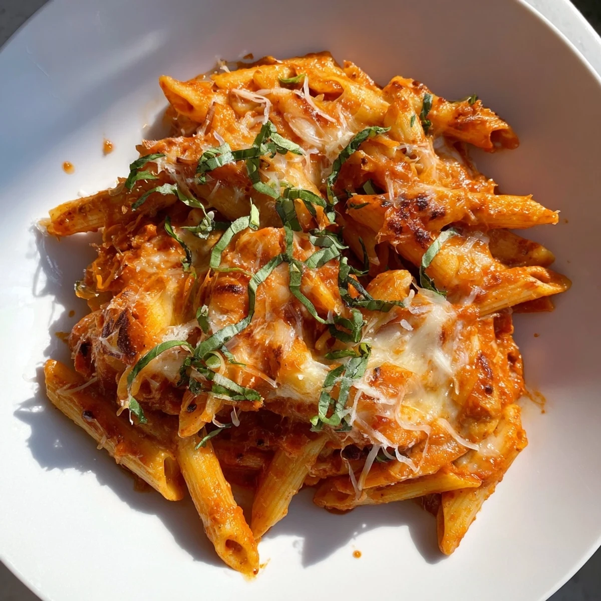 Steaming Baked Penne Arrabbiata, a comforting baked pasta with a spicy, rich tomato base.