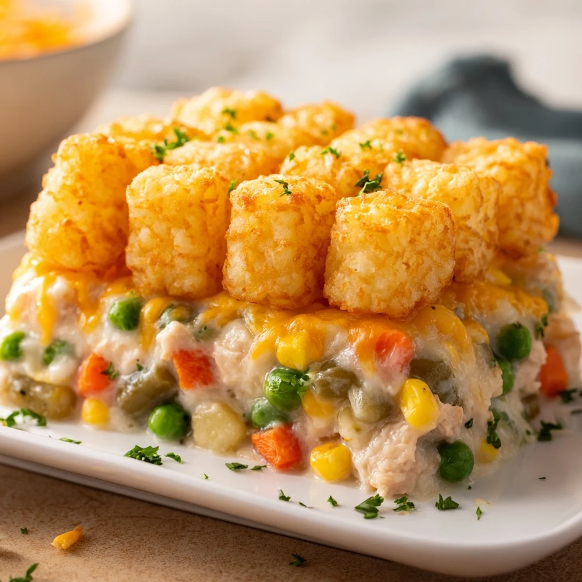 Golden brown Crispy Tater Tot Casserole, with melted cheese and a savory chicken filling, ready to serve.