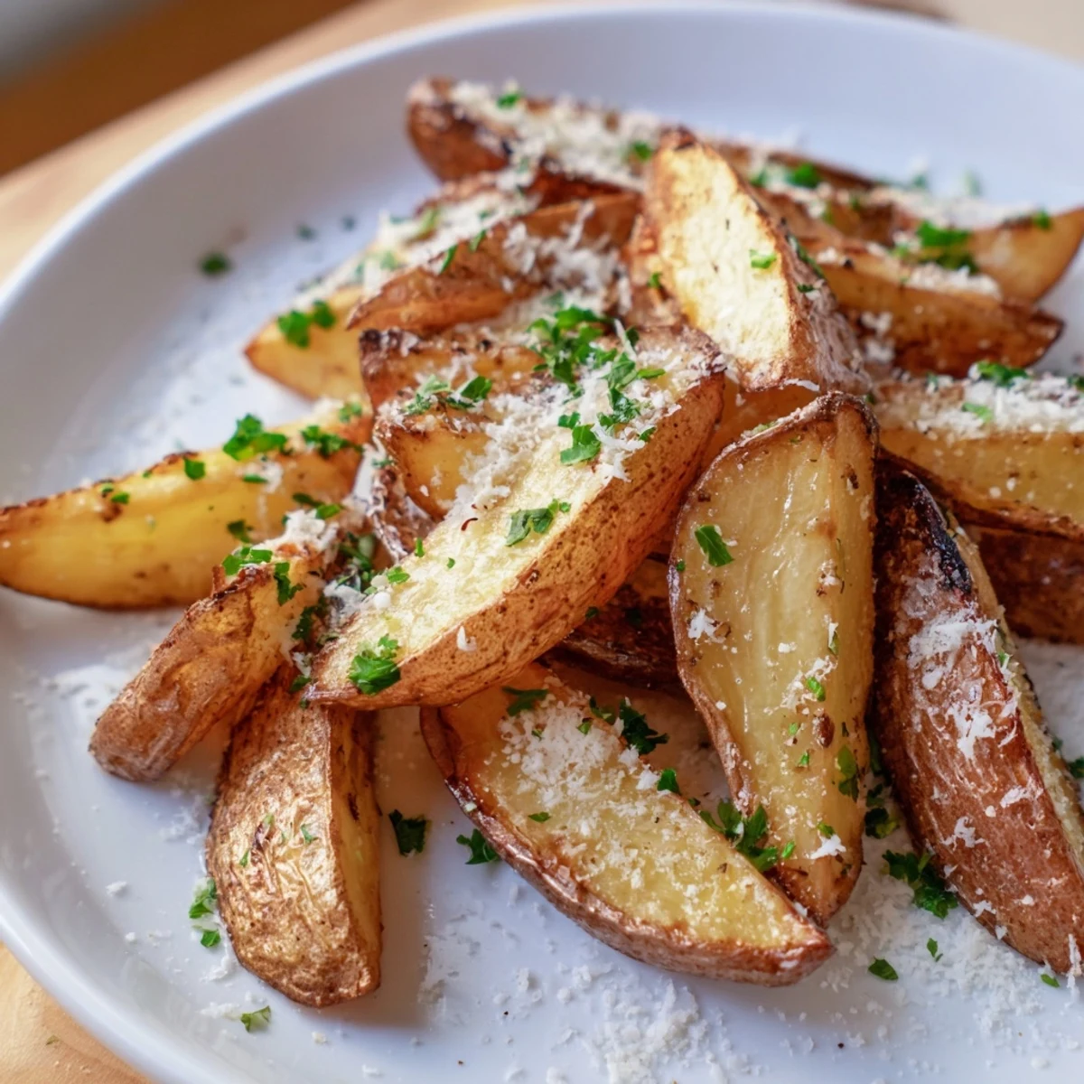 Oven-baked Rosemary Parmesan Potato Wedges, aromatic with rosemary, ready to be served hot.