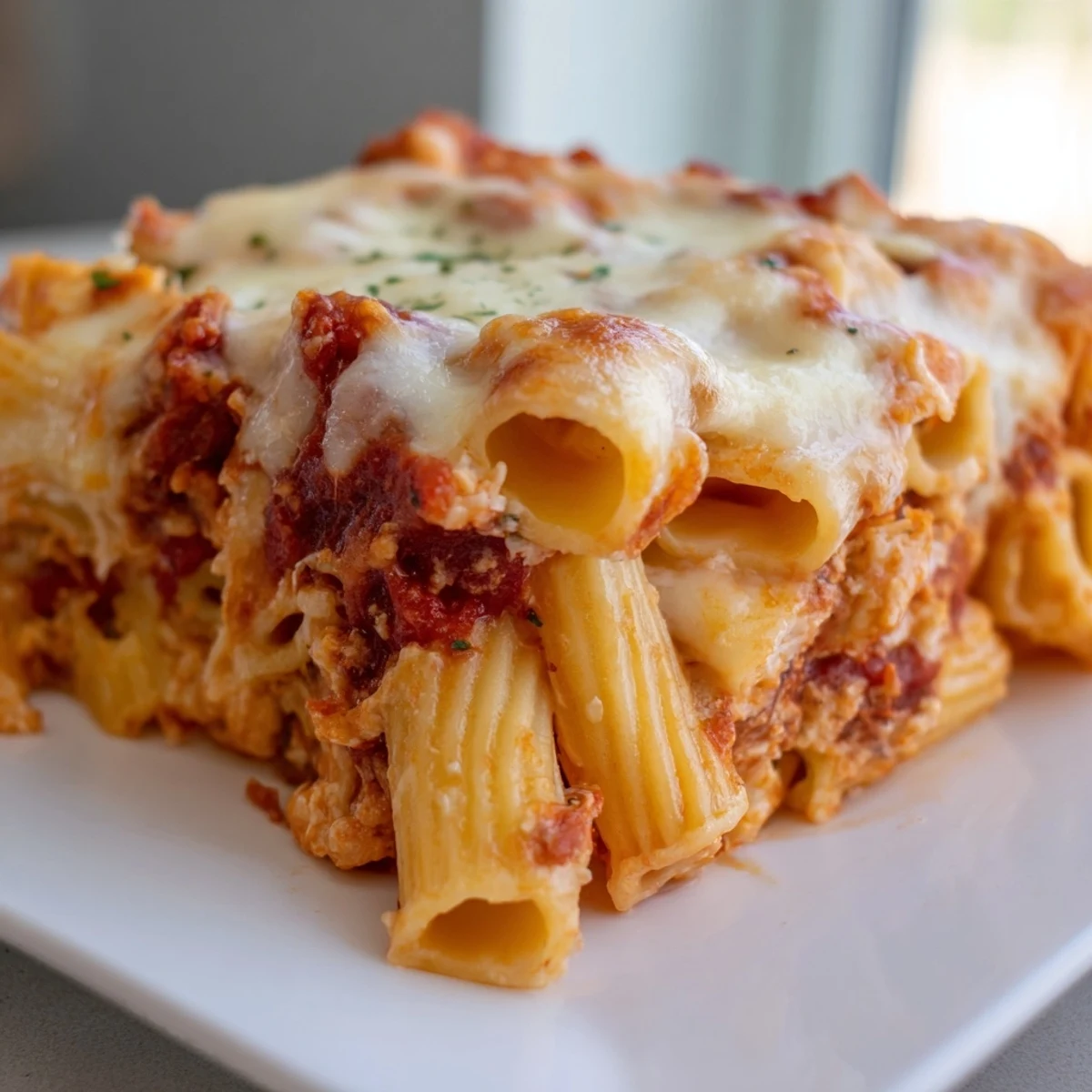 Homemade Four Cheese Baked Pasta, the cheesy baked pasta dish offering a comforting, aromatic Italian meal.