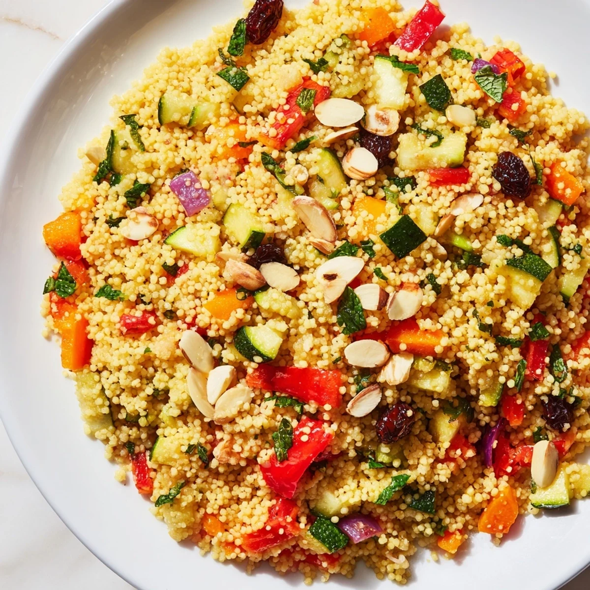 A bowl of fresh Moroccan Couscous Salad with plump raisins and toasted almonds, ready to enjoy.