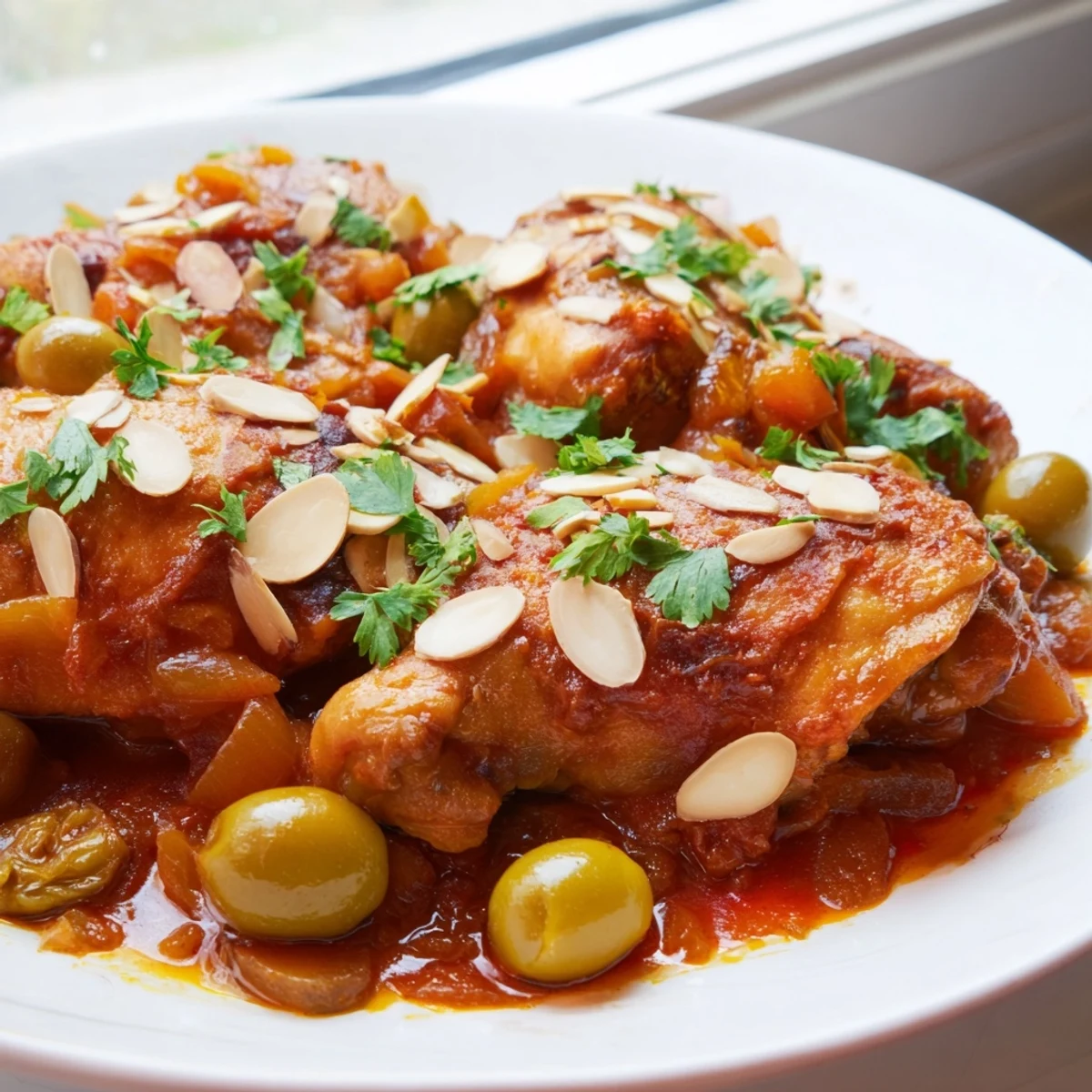 Hearty Moroccan Tagine Chicken with golden chicken and a rich, spiced tomato sauce.