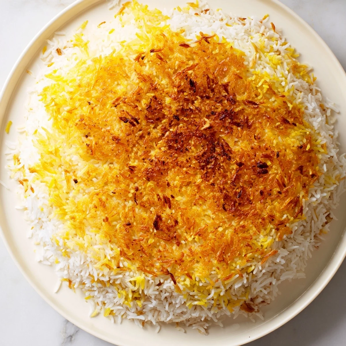 A close-up of a flavorful Persian Tahdig rice, showcasing its fluffy rice and crackly bottom.