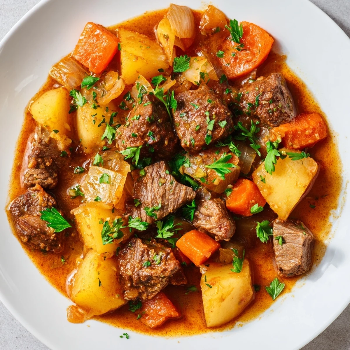 A steaming bowl of Irish Beef Stew, thick with tender meat and vegetables, ready to eat.