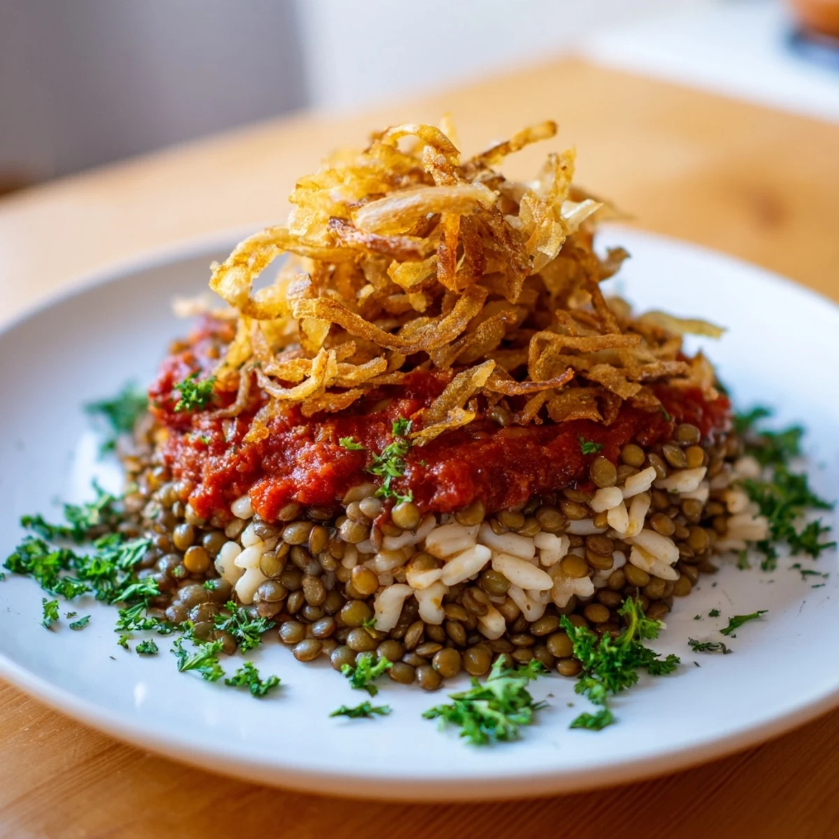 Golden, crispy onions crown the vibrant tomato-sauced Egyptian Koshari, a hearty vegan delight.