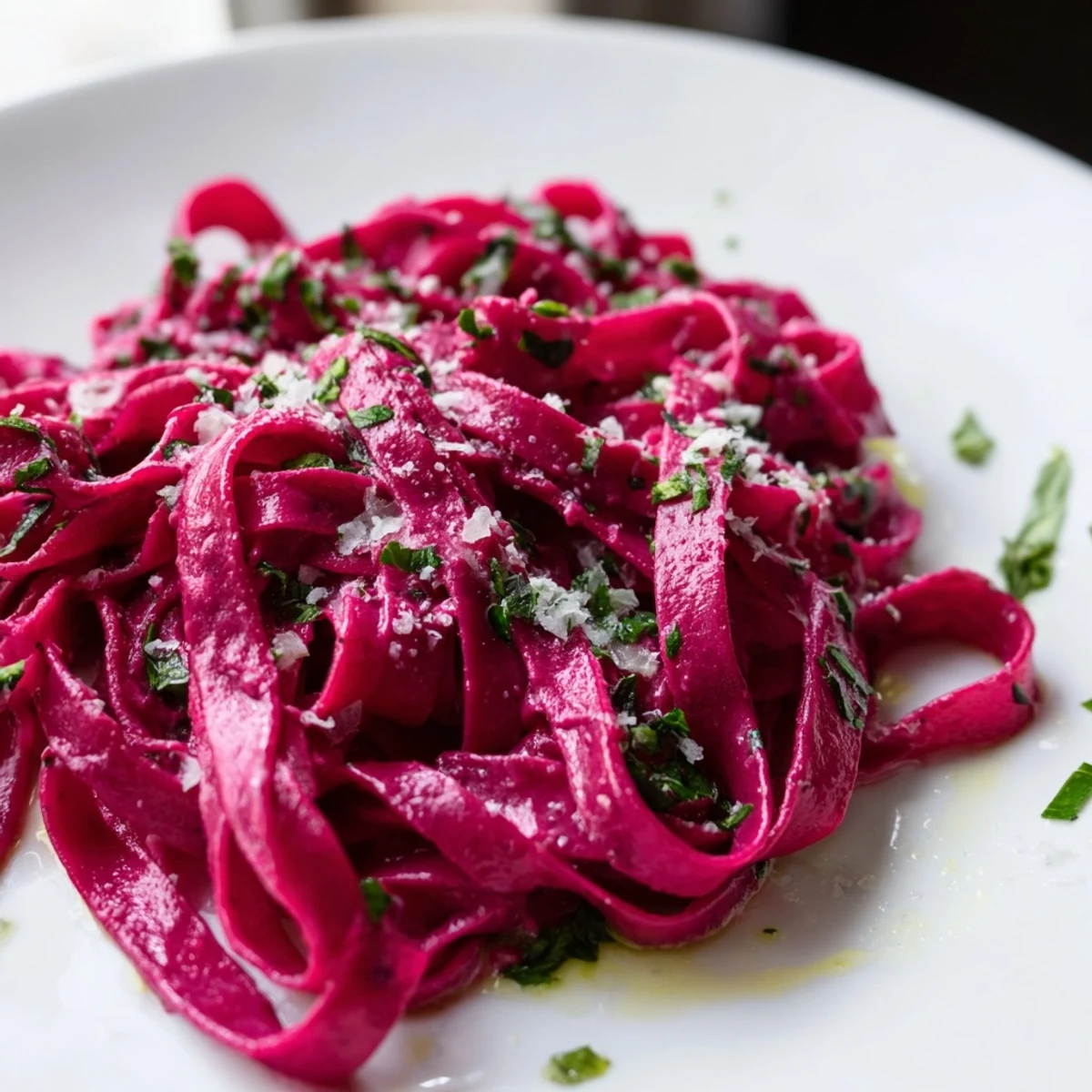 Homemade beet noodle pasta with fresh herbs and Parmesan, a delicious and colorful meal.