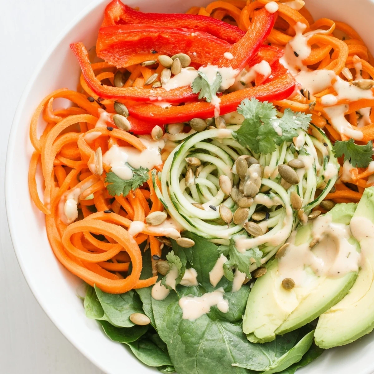 Vibrant, colorful Carrot Noodle Skincare Bowl ready to eat; fresh carrots, avocado, and tangy tahini dressing.